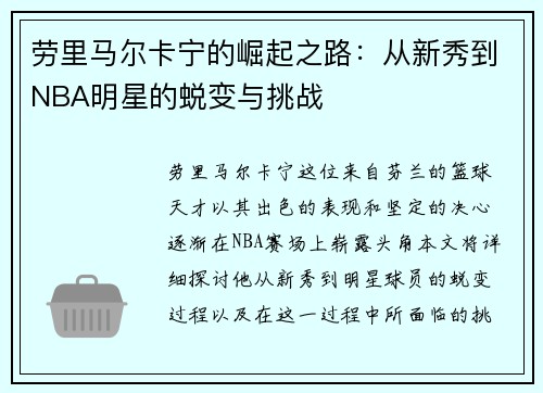 劳里马尔卡宁的崛起之路：从新秀到NBA明星的蜕变与挑战