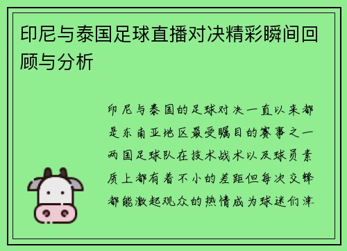 印尼与泰国足球直播对决精彩瞬间回顾与分析