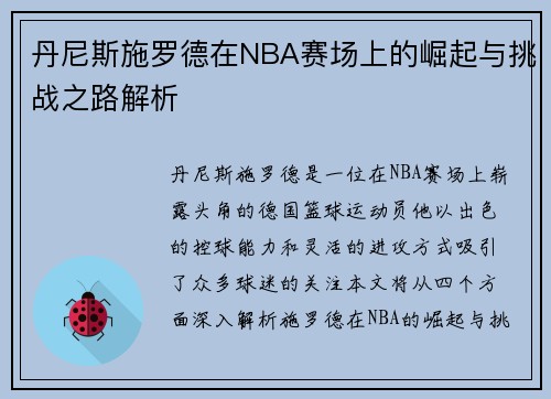 丹尼斯施罗德在NBA赛场上的崛起与挑战之路解析