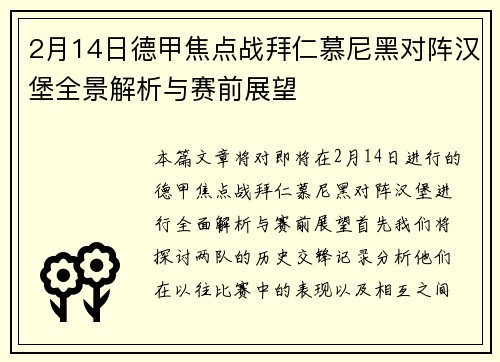 2月14日德甲焦点战拜仁慕尼黑对阵汉堡全景解析与赛前展望