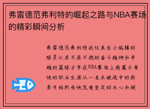 弗雷德范弗利特的崛起之路与NBA赛场的精彩瞬间分析