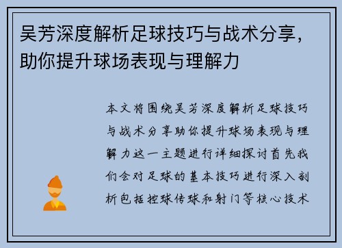 吴芳深度解析足球技巧与战术分享，助你提升球场表现与理解力
