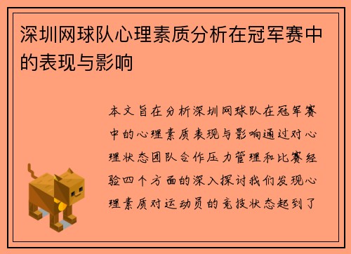 深圳网球队心理素质分析在冠军赛中的表现与影响